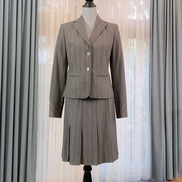 SET - SHARGANO Atelier suit skirt/blazer fully lined gray/silver stripes women 4 - Picture 1 of 14